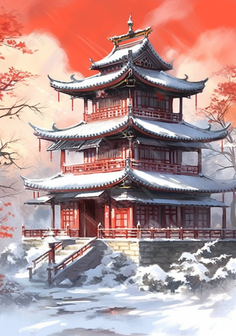 大雪纷飞景色下的古建筑,插画/手绘图,插画/手绘图库,插画/手绘图下载,插画/手绘